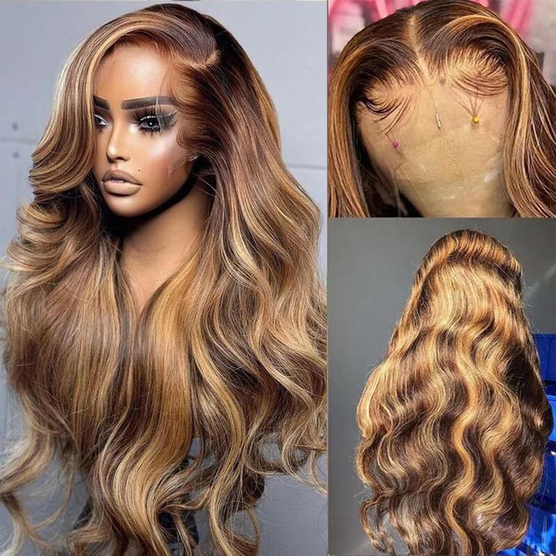 Lemoda 13x6 Full Lace Frontal Wig 180 Density Highlight Ombre 13x4 Lace Front Wig Human Hair Body Wave Transparent Lace Pre Plucked Honey Blonde Human Hair Wigs for Women P4 27 Color