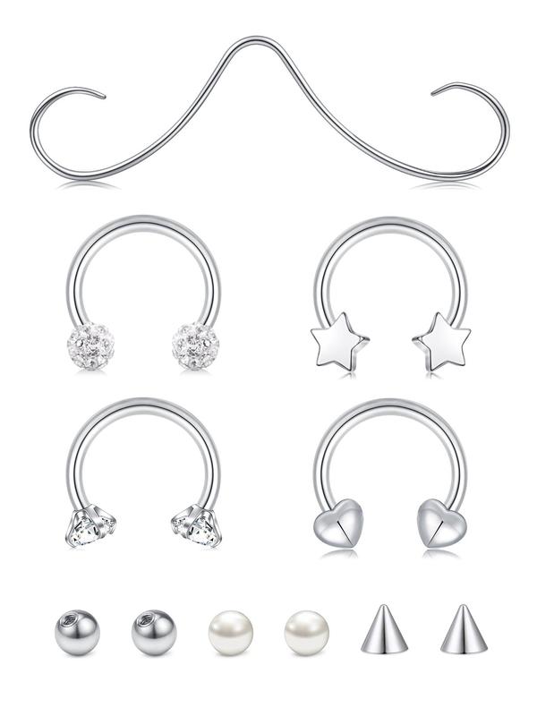 Unisex Nose Ring & Replacement Balls Kit, Rhinestone & Heart & Star Decor Nose Piercing Jewelry, Stainless Steel Nose Ring, Fashion Jewelry for Party, Daily Decor