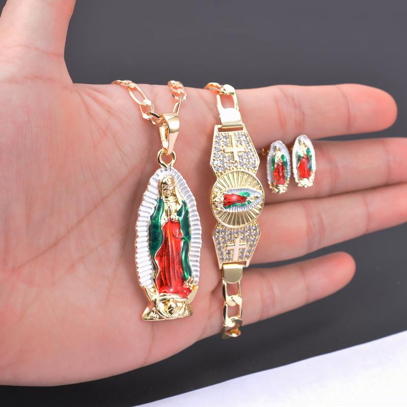 Jewelry set (bracelet + Pendant + necklace + pair of earrings) Mexican charm Guadalupe Religion Wear jewelry set, Madonna Festival celebration gifts, protect the blessing of jewelry gifts to men and women virgencita necklace