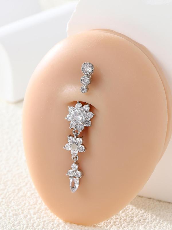 Minimalist Elegant Rhinestone Flower Decorated Belly Button Jewelry, Simple Design All-match Stylish Belly Ring, Women's Casual Tassel Design Body Jewelry