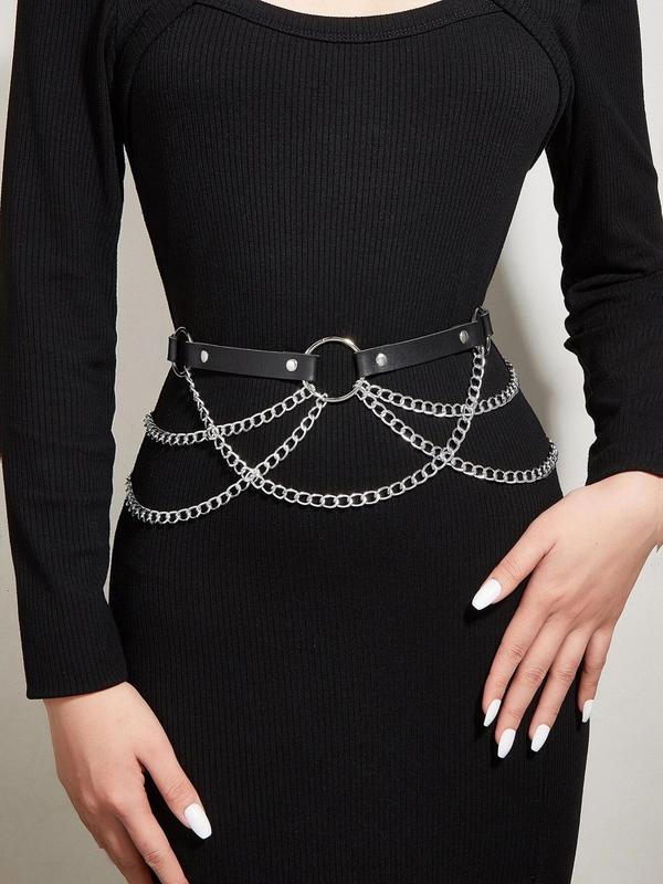 Women's Fashion Chain Decorated PU Buckle Belt, Studded Decor O-ring Tiered Layered Design Belt for Dress, Fashion Accessories for Party, Daily Clothing Decor