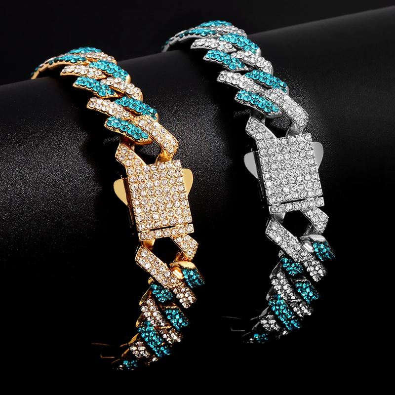 Hip Hop Men's Necklace with Bracelet Set Blue Rhinestone Street Fashion Rapper's Jewelry Chain Link Gift for Women and Men