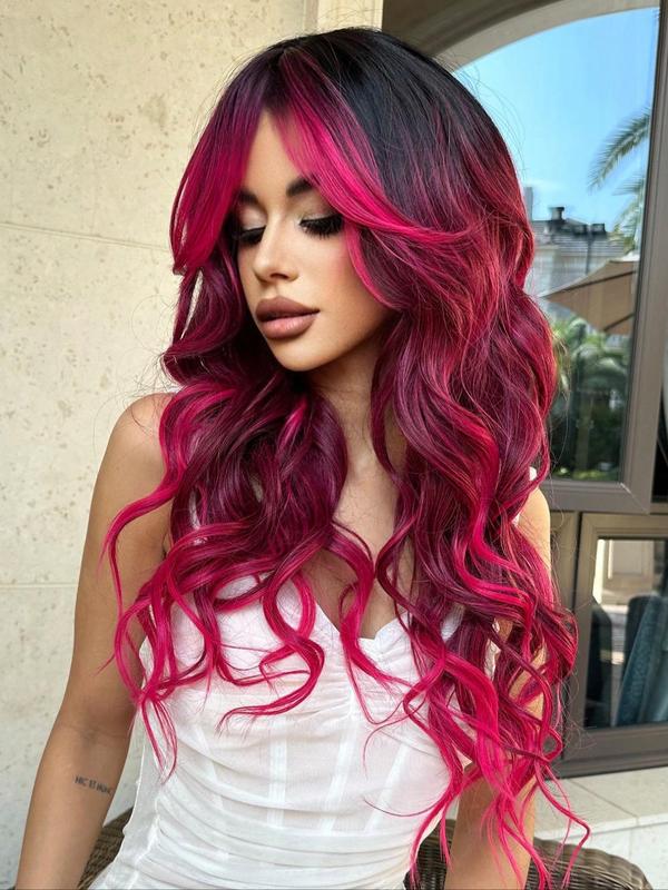 28 Inch Long Pink Wavy Wigs for Women, Gorgeous Fluffy Wigs with Curtain Bangs, Synthetic Full Machine Wigs for Party, Daily Use