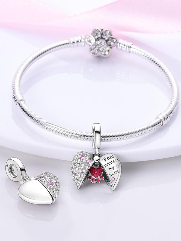 Cute Heart & Letter Design Pendant, Paw Print Rhinestone Decor Opening and Closing Pendant, Fashionable Jewelry for Women & Girls