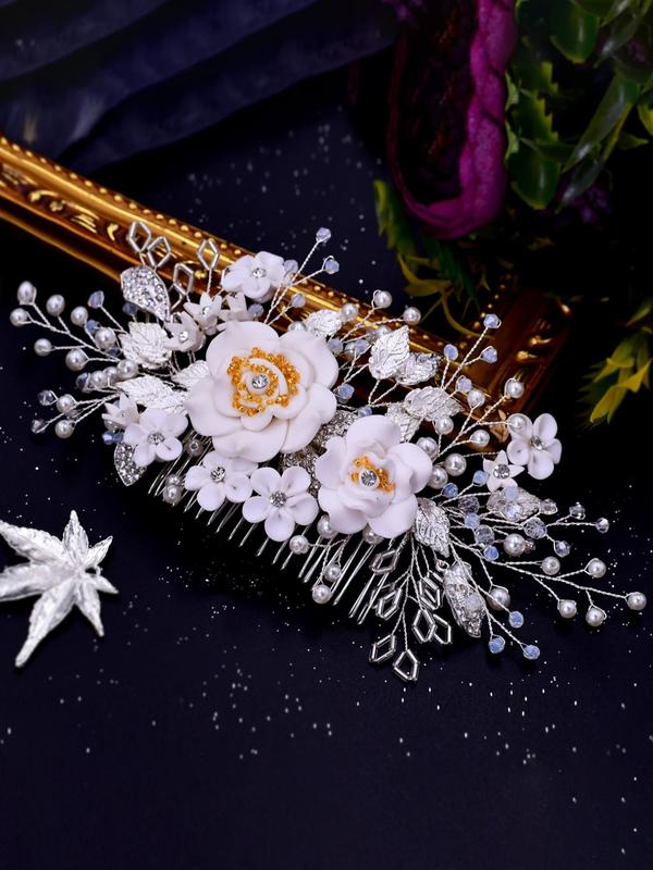 Elegant Flower Decorated Hair Comb, Fashion Rhinestone Decorated Hair Accessories for Wedding Bridal, Minimalist Headwear Suitable for Thick Hair