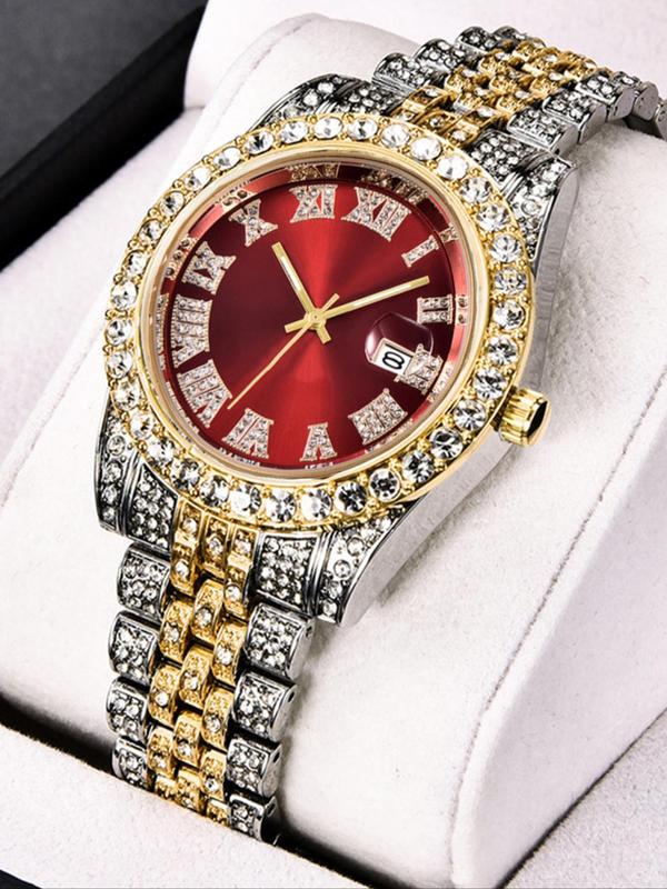 Rhinestone Decor Round Dial Analog Quartz Watch, Fashion Watch for Party, Daily Clothing Decor, Trendy Exquisite Watch for Birthday Gift without Box