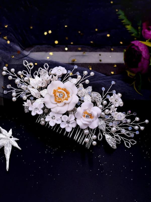 Elegant Flower Decorated Hair Comb, Fashion Rhinestone Decorated Hair Accessories for Wedding Bridal, Minimalist Headwear Suitable for Thick Hair