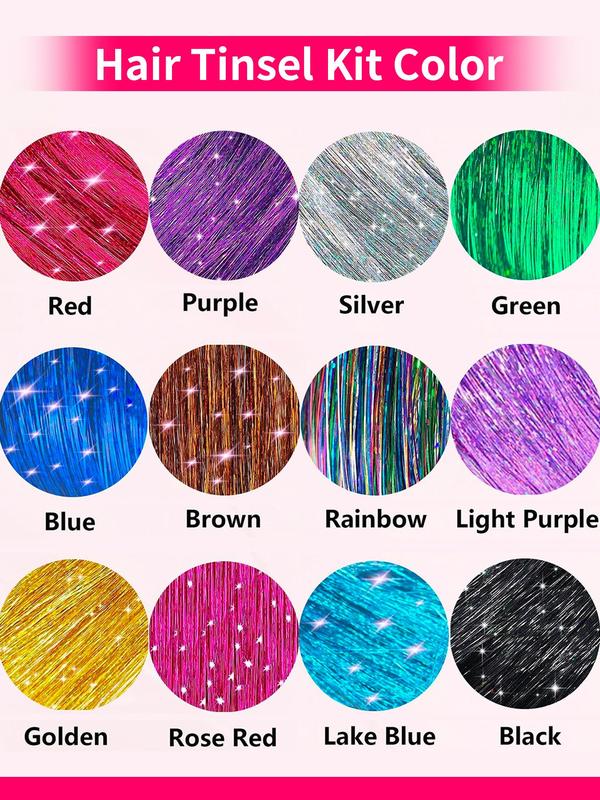 Glitter Hair Tinsel Kit, 12 Mixed Color Hairpiece with Tools, Heat Resistant Hair Accessories for Girls Women Kids