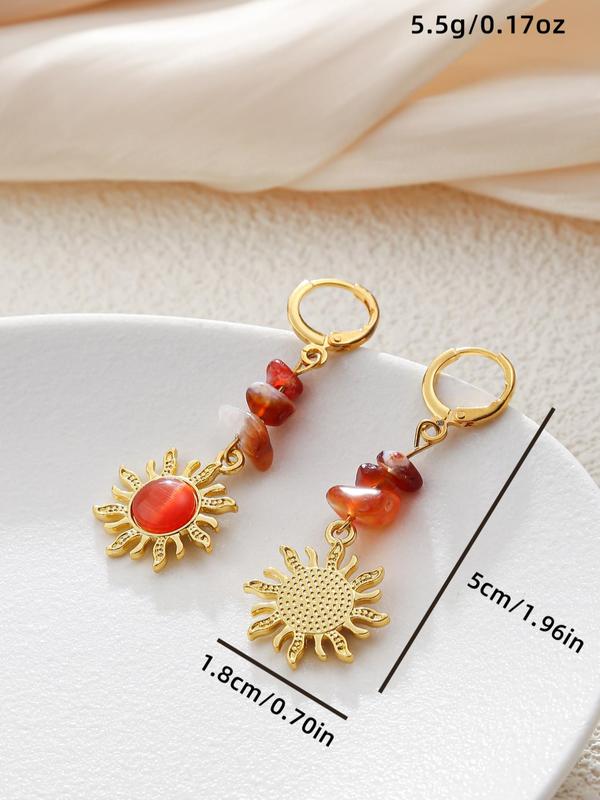 1 Pair Women's Fashion Elegant Sun Design Dangle Earrings, Vintage Stone Decor Drop Earrings For Women For Daily Party Gift