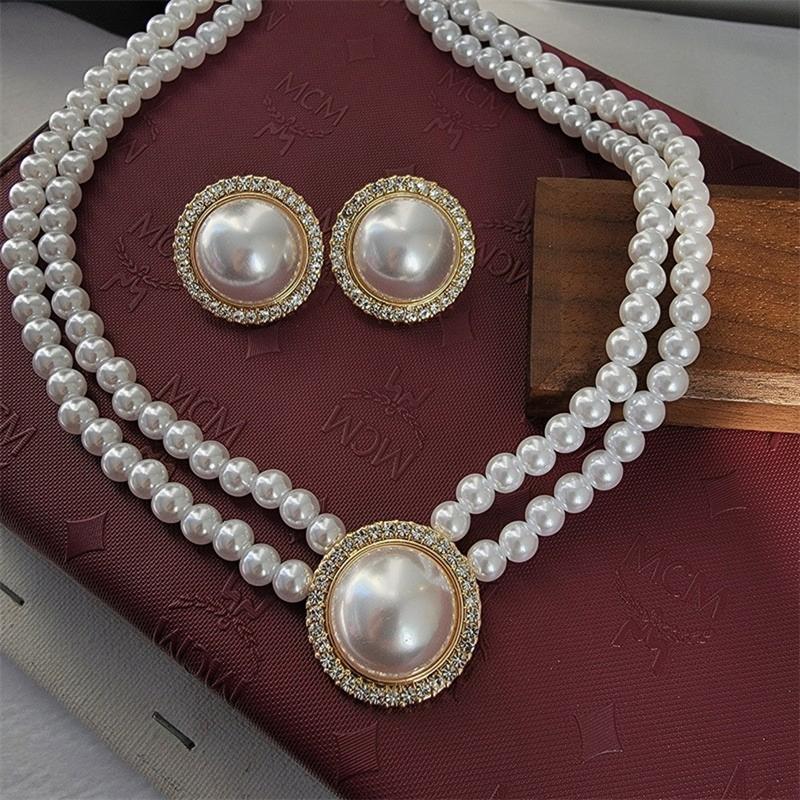 New Fashion Elegant Round Alloy Rhinestone Imitation Pearl Beaded Necklace Earring Jewelry Set Bridal Wedding Accessories