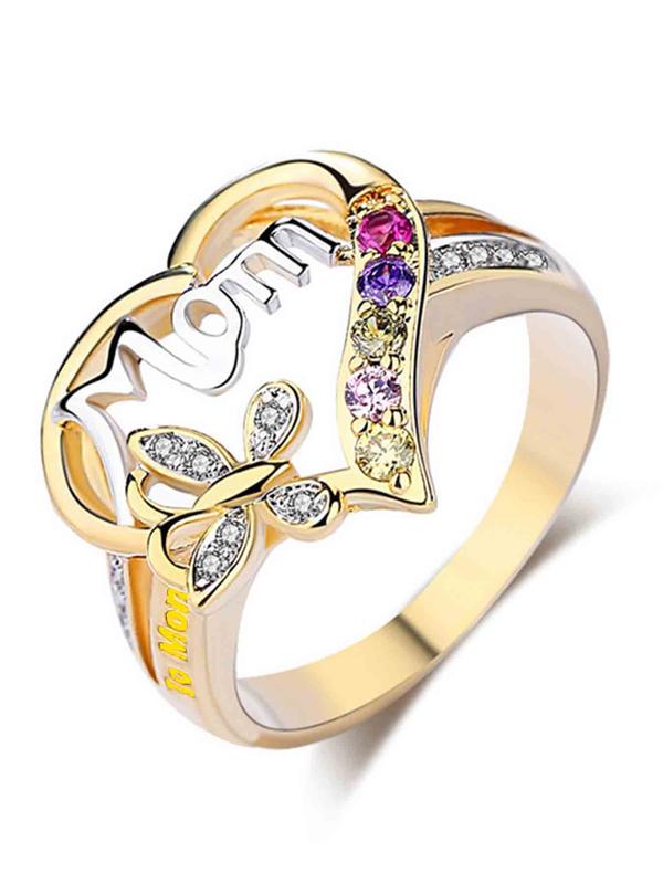 Women's Elegant Heart & Butterfly Design Rhinestone Decor Ring, Trendy Letters Design Ring, Stylish Vintage Jewelry As Gift