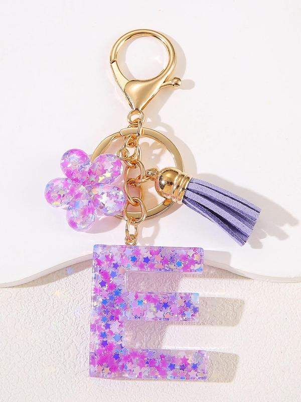 Cute Flower & Tassel Design Initial Letter Keychain, Fashionable Resin Pendant with Key Ring, Bag Backpack and Car Key Chain Hanging Charm