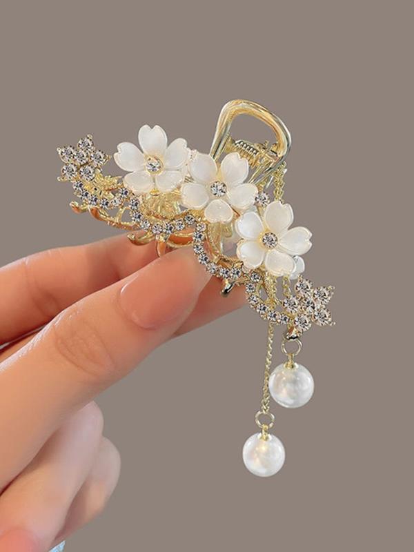 Rhinestone & Faux Pearl Decor Tassel Design Hair Claw, Flower Design Hair Claw, Chic Gorgeous Hair Accessories for Hairstyle Decor for Women & Girls