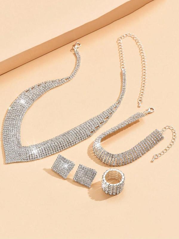 Women's Elegant Rhinestone Decor Jewelry Set, 5pcs set Chain Necklace & Bracelet & Ring & Stud Earrings, Exquisite Chic Jewelry Set As Gift for Girlfriend