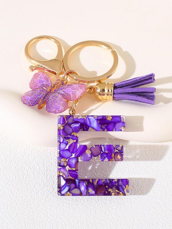 Initials & Butterfly & Fringe Design Keychain, Fashionable Purple Artificial Crystal Drop Glue Keychain for Women & Men, Trendy All-match Keychain for Birthday Gift