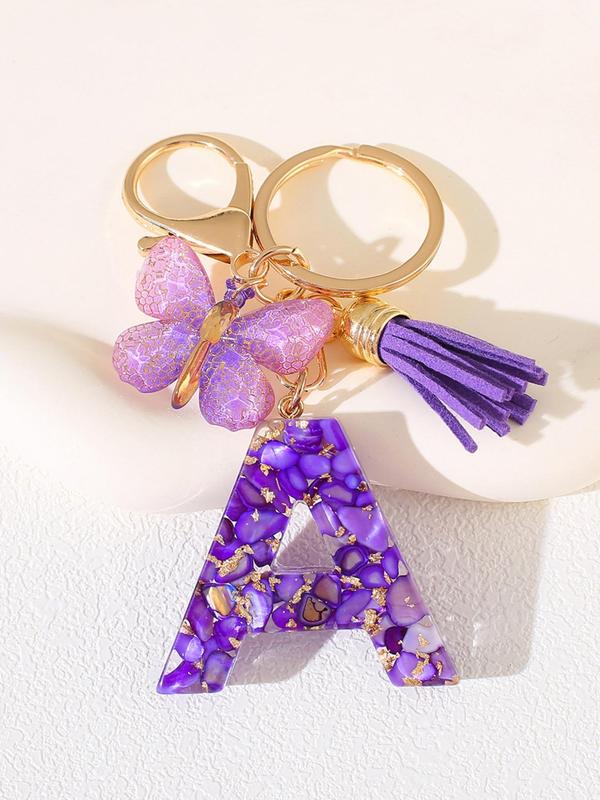 Initials & Butterfly & Fringe Design Keychain, Fashionable Purple Artificial Crystal Drop Glue Keychain for Women & Men, Trendy All-match Keychain for Birthday Gift