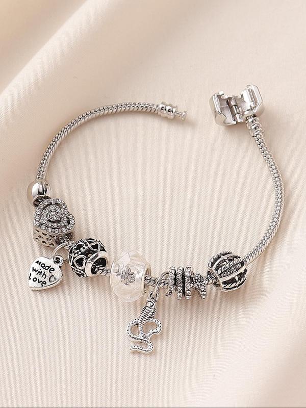 Women's Rhinestone Heart & Snake Charm Beaded Bracelet For Elegant All-match Luxury Jewelry for Girls Gift, Female Classic Fashion Accessories for Daily Wear