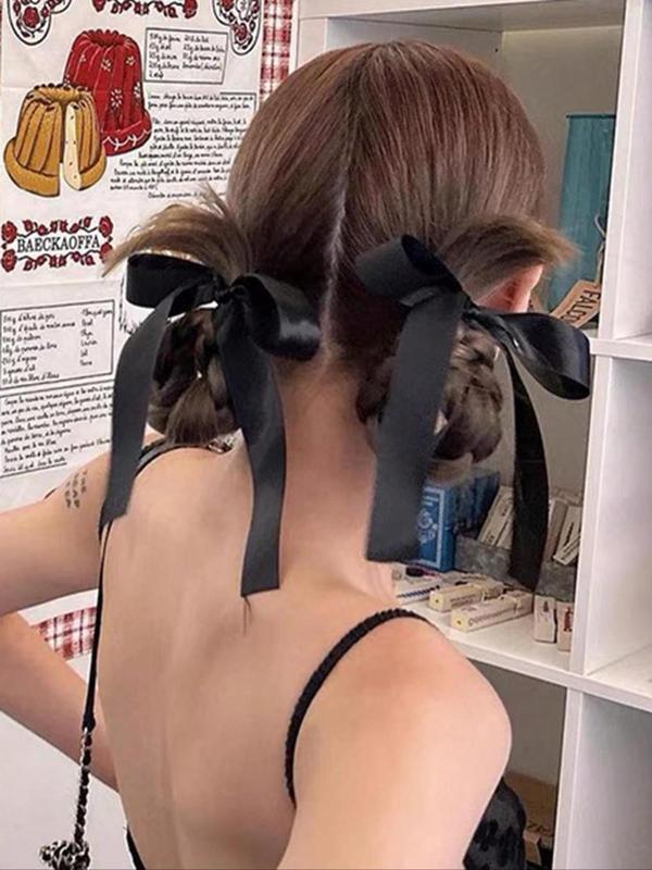 2pcs Solid Bow Decor Hair Scrunchies, High Stretch Ponytail Holder, Fashion Hair Accessories For Girls & Women