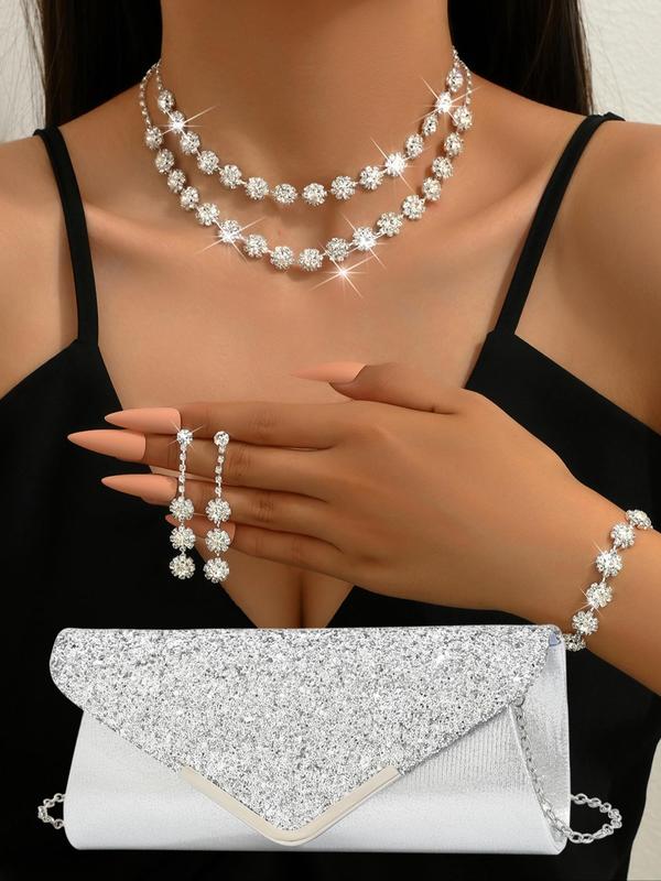 Women's Elegant Rhinestone Decorated Necklace & Earrings & Bracelet & Ring & Envelope Bag, Exquisite Trendy Jewelry Set for Party & Wedding & Dating