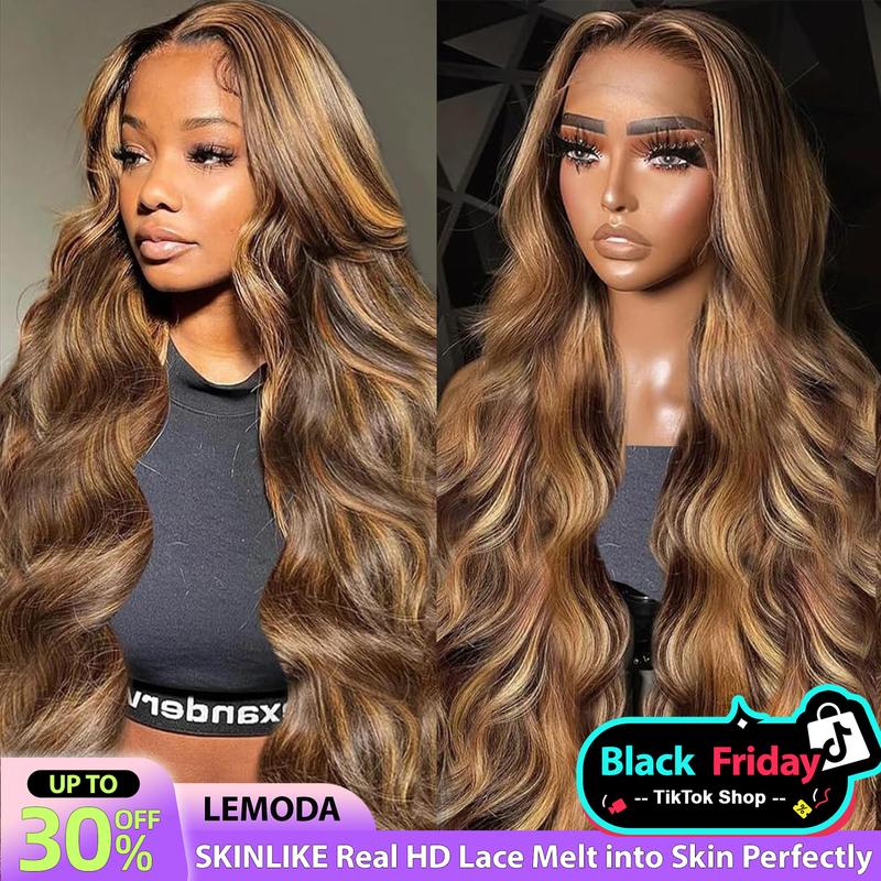 Lemoda 13x6 Full Lace Frontal Wig 180 Density Highlight Ombre 13x4 Lace Front Wig Human Hair Body Wave Transparent Lace Pre Plucked Honey Blonde Human Hair Wigs for Women P4 27 Color