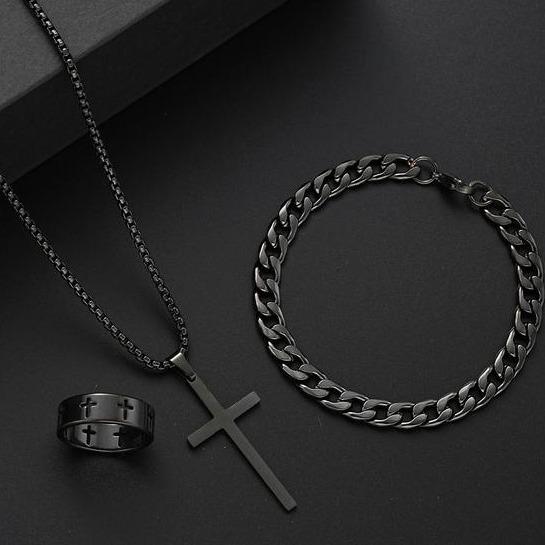 Men's Punk Style Matching Jewelry Set, Cross &Chain Design Pendant Necklace & Bracelet &.Ring Back To School, Jewelry Men Accessoriesfor Party & Daily Gift Kit Women, Fall Outfits, FallFreshness Fall