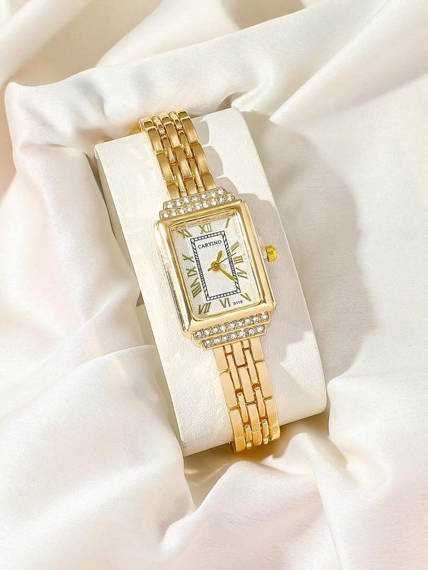 CARYINO 1PC Women's Gold Stainless Steel Strap Watch, Square Face Inlaid with Diamonds, Elegant and Versatile for Business and Casual Wear, Exquisite Quartz Watch for Daily Life