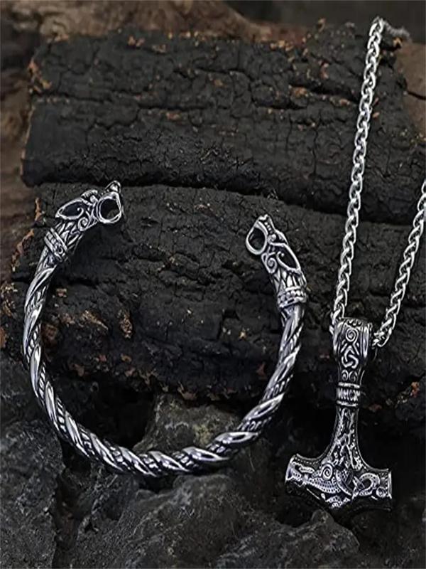 Viking Vintage Wolf Head Talisman Necklace & Bracelet Set, Nordic Hammer Pendant Necklace & Bracelet, Fashion Jewelry Set for Men & Women for Party, Daily Decor