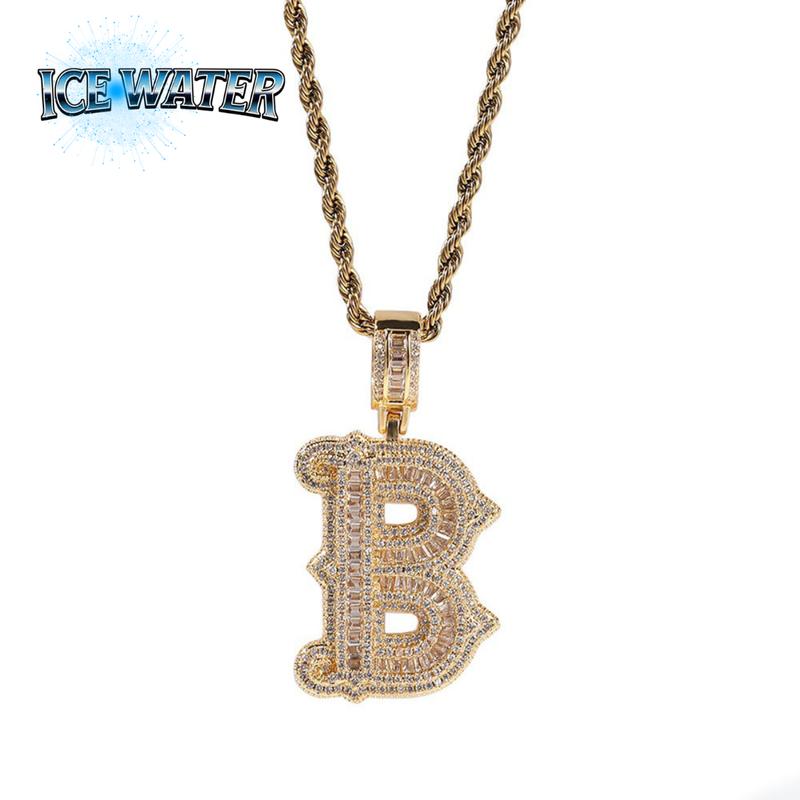 ICE WATER English Gothic Grass Letter Pendant 26 English Letters Zircon Men's