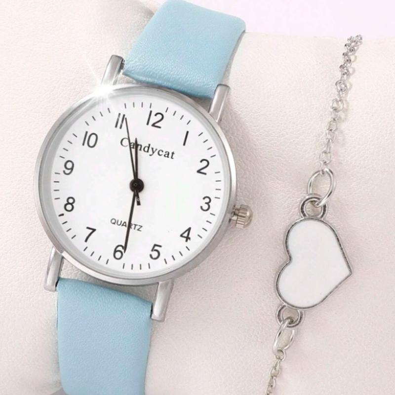 Women Blue PU Polyurethane Strap Fashionable Round Dial Quartz Watch & Chain Bracelet, For Daily Life