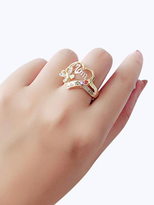 Women's Elegant Heart & Butterfly Design Rhinestone Decor Ring, Trendy Letters Design Ring, Stylish Vintage Jewelry As Gift