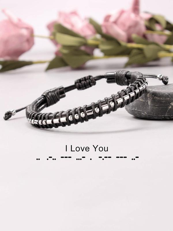 Men's Street Trend Morse Code Design Braided Bracelet, Trendy Minimalist Drawstring Bracelet, Chic All-match Jewelry As Gift for Boyfriend