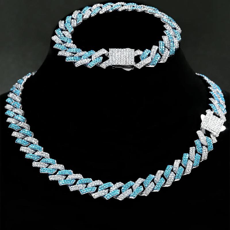 Hip Hop Men's Necklace with Bracelet Set Blue Rhinestone Street Fashion Rapper's Jewelry Chain Link Gift for Women and Men