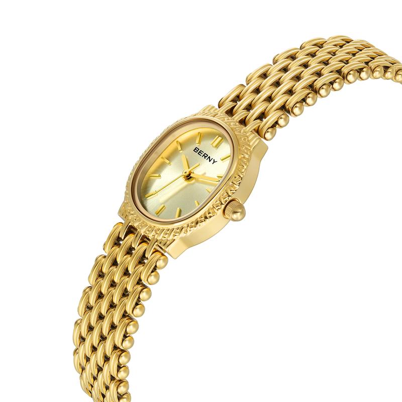 BERNY Gold Watch for Women Vintage Dainty Bracelet Watch All Stainless Steel Ladies Mini Quartz Wristwatch Tiny Fashion 3ATM Waterproof Old Money Reloj Dorado Classy Gold Watch