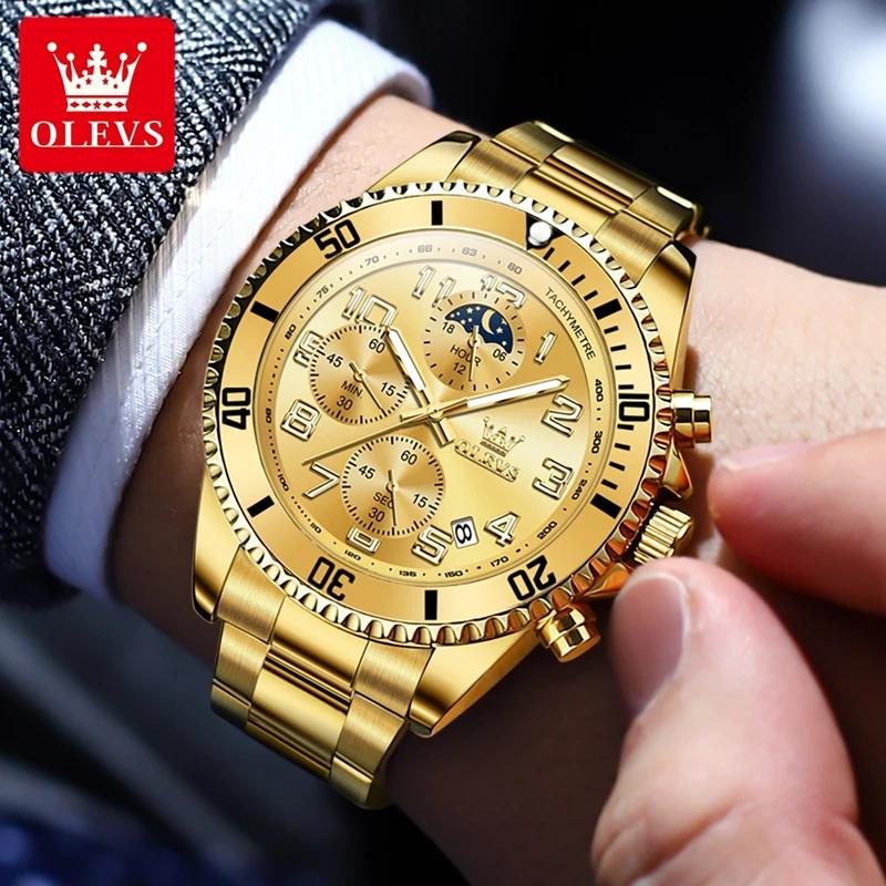 OLEVS 2926 Men's Watch Luxury Brand Gold Waterproof Calendar Moon Phase Chronograph Top Fashion Stainless Steel Men Quartz Watch