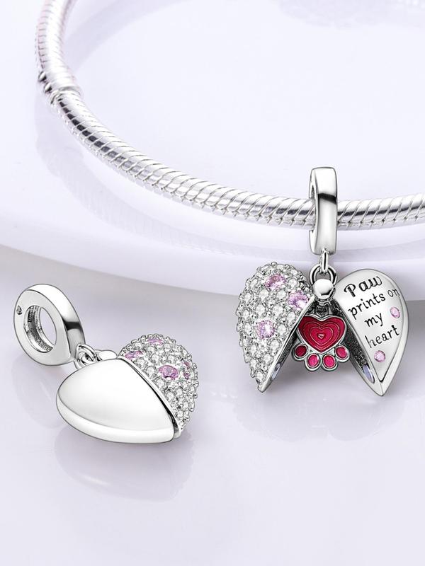 Cute Heart & Letter Design Pendant, Paw Print Rhinestone Decor Opening and Closing Pendant, Fashionable Jewelry for Women & Girls