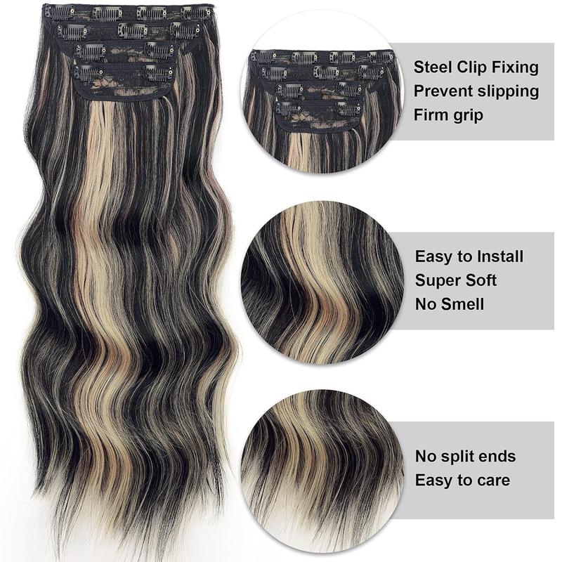 Clip in Hair Extensions Black Mix Blonde Long Hair Extensions Clip Ins Soft Synthetic Hairpieces for Women