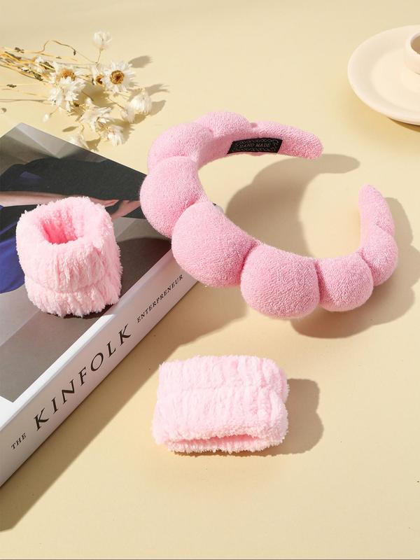 Women's Simple Solid Color Sponge Hair Hoop, 3pcs Face Washing Wristband for Hairstyle Ideas, Plush Hair Accessories Set, Suitable for Daily Washing