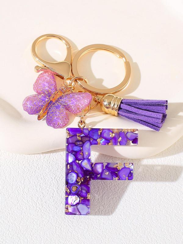 Initials & Butterfly & Fringe Design Keychain, Fashionable Purple Artificial Crystal Drop Glue Keychain for Women & Men, Trendy All-match Keychain for Birthday Gift