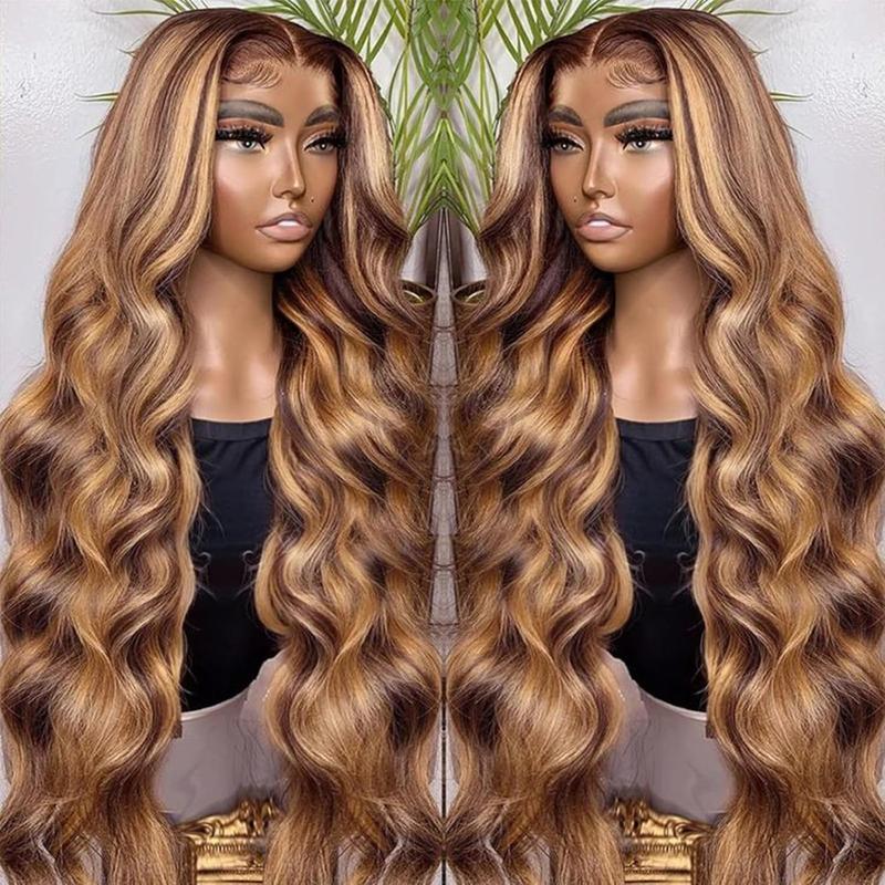 Lemoda 13x6 Full Lace Frontal Wig 180 Density Highlight Ombre 13x4 Lace Front Wig Human Hair Body Wave Transparent Lace Pre Plucked Honey Blonde Human Hair Wigs for Women P4 27 Color