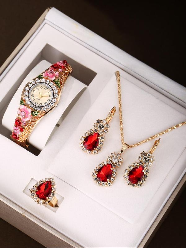 Elegant Rhinestone Inlaid Round Dial Quartz Watch & Ring, Dangle Earrings, Pendant Necklace, without Box, Trendy Exquisite Jewelry Set for Birthday Gift