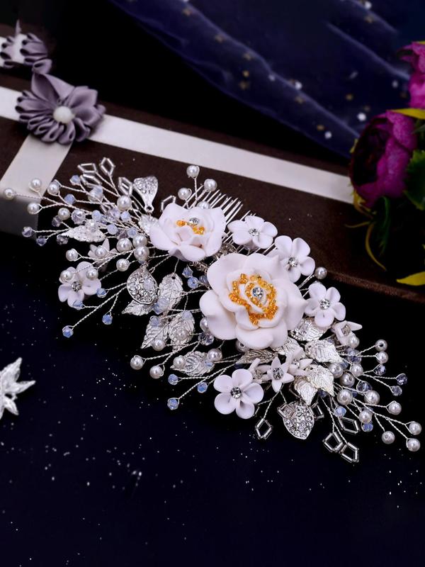 Elegant Flower Decorated Hair Comb, Fashion Rhinestone Decorated Hair Accessories for Wedding Bridal, Minimalist Headwear Suitable for Thick Hair