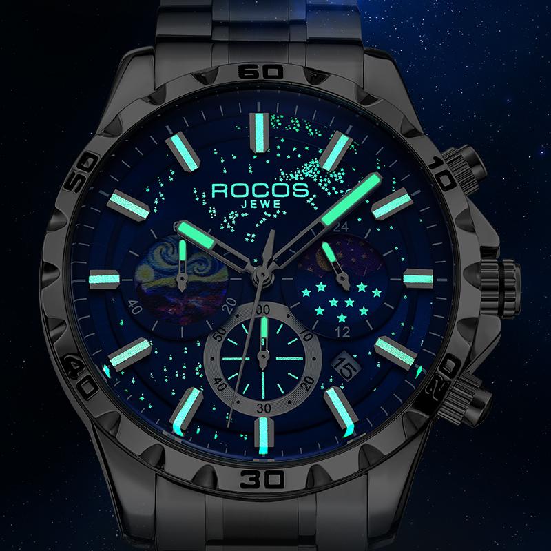 ROCOS Men's Luxury Fashion Business Dress Watch,Quartz Movement,Waterproof,Luminous,Chronograph Date Watch-Black and Blue Watches