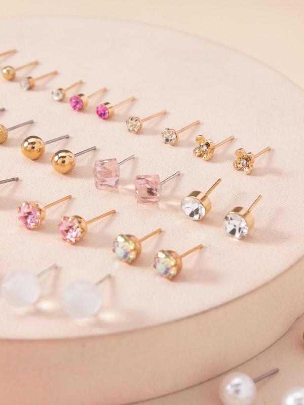 30 Pairs Women's Elegant Rhinestone & Faux Pearl Decorated Stud Earrings, Heart & Flower & Bowknot Design Stud Earrings,  Fashionable Jewelry For Women & Girls