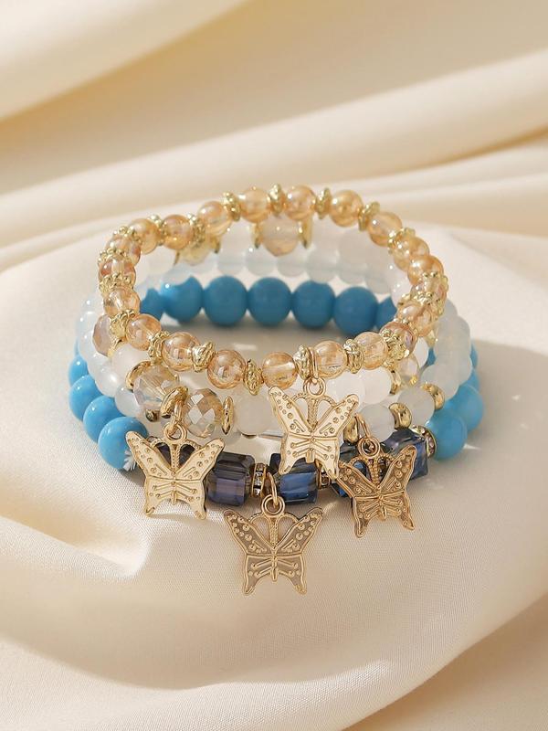 Boho Style Butterfly Charm Beaded Bracelet Bundles Kit, Unisex Couple 4pcs 2024 Trendy Stack Bracelet, Elegant Matching Jewelry for Girls Gift, Female Classic Fashion Accessories for Daily Vacation Beach Travel Wear