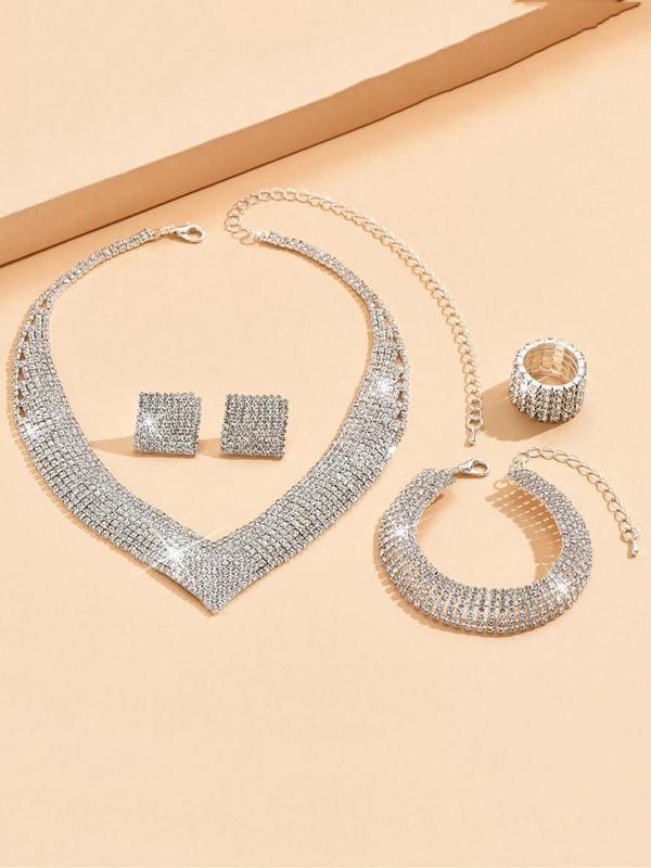 Women's Elegant Rhinestone Decor Jewelry Set, 5pcs set Chain Necklace & Bracelet & Ring & Stud Earrings, Exquisite Chic Jewelry Set As Gift for Girlfriend