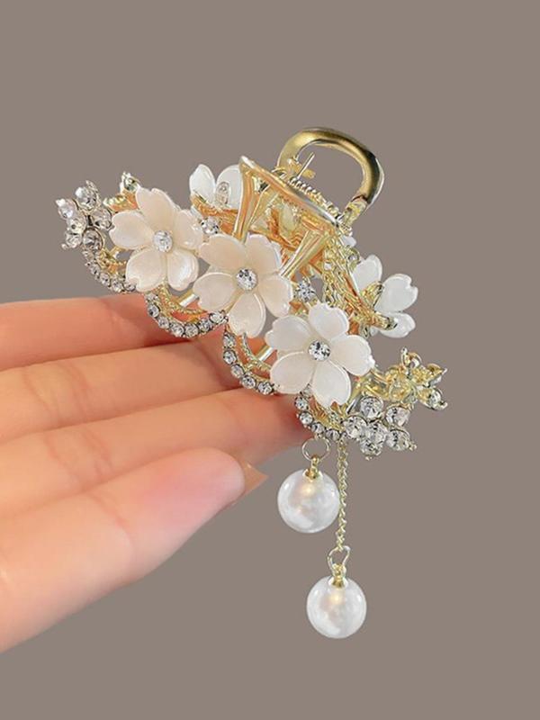 Rhinestone & Faux Pearl Decor Tassel Design Hair Claw, Flower Design Hair Claw, Chic Gorgeous Hair Accessories for Hairstyle Decor for Women & Girls