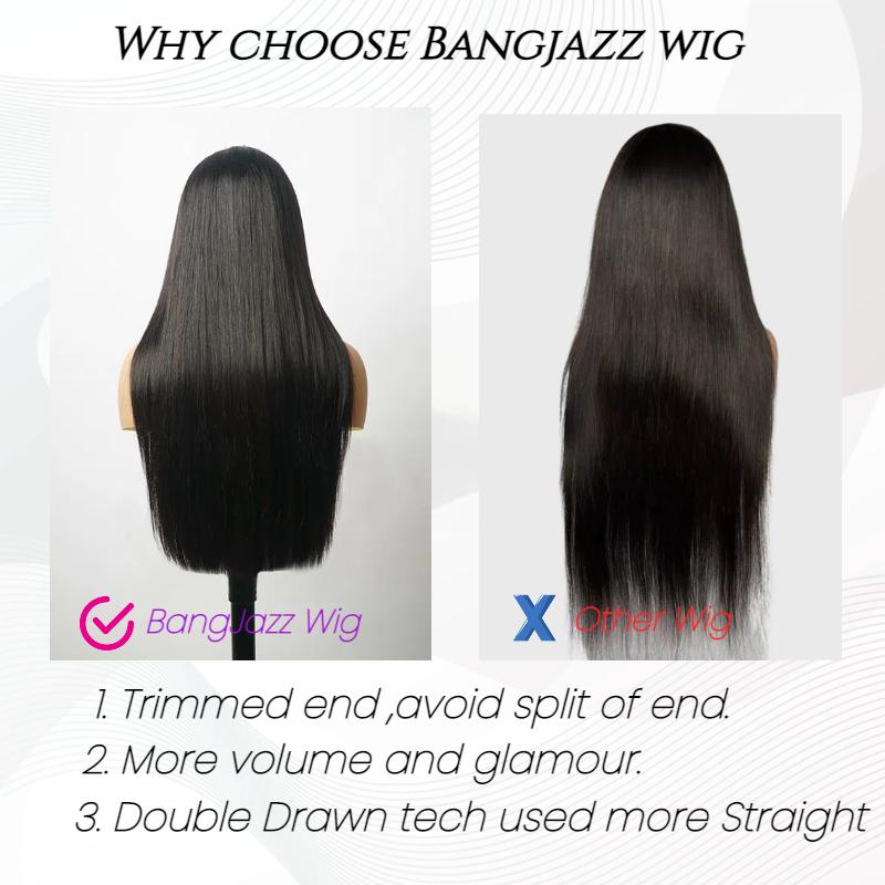 Bangjazz Human Hair Wig Double Drawn Hair Pre Bleached Knots 13X6 HD Lace Front Straight Hair 200% Density Glueless Wigs Brazilian Virgin Human Hair 4More Wig