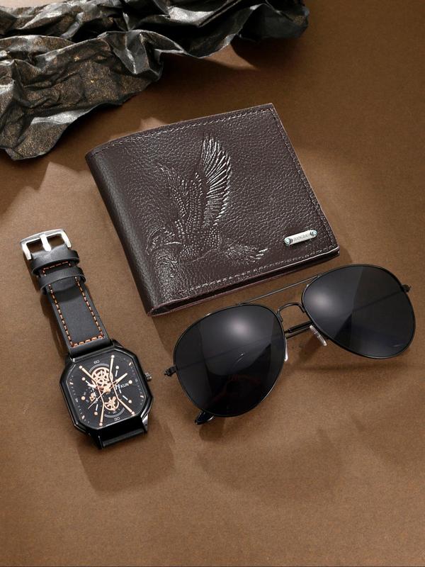 Men's Fashionable Casual Geometric Dial Analog Quartz Watch & Sunglasses & Eagle Textured Bifold Wallet Set, Fashion Watch Set for Party, Daily Decor, Trendy All-match & Exquisite Watch Set for Birthday Gift