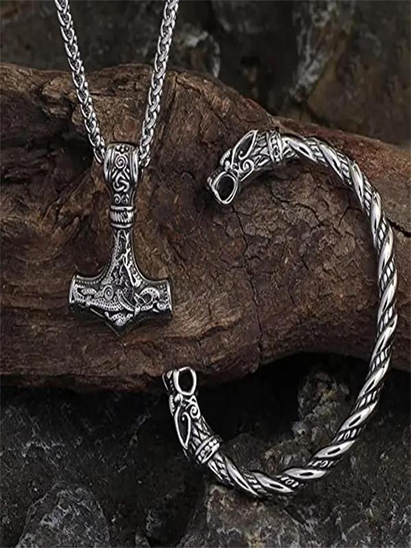 Viking Vintage Wolf Head Talisman Necklace & Bracelet Set, Nordic Hammer Pendant Necklace & Bracelet, Fashion Jewelry Set for Men & Women for Party, Daily Decor