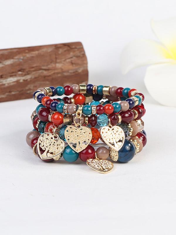 Women's Boho Style Heart Charm Bracelets, 4pcs set Trendy Vintage Colorful Bead Bracelets, Chic Retro Jewelry As Gift for Girlfriend